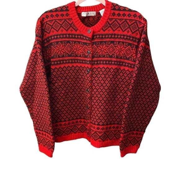 Vintage Chaus Button Down Red Cardigan snowflake winter wool Medium pullover - Picture 1 of 4